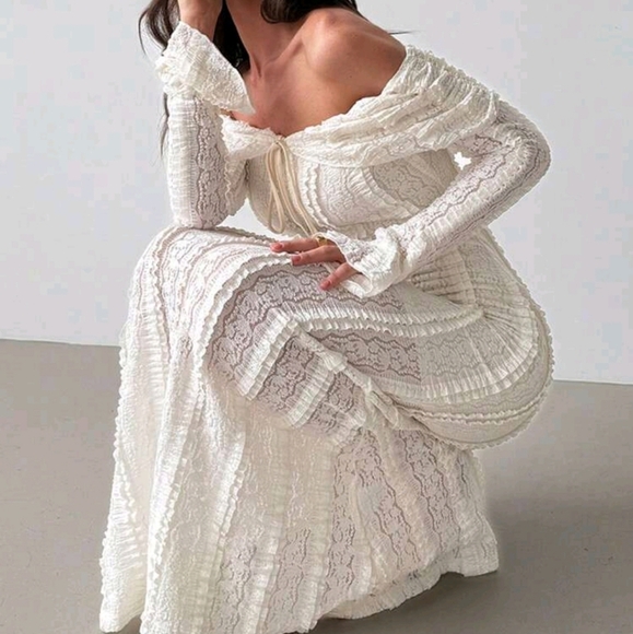 Dresses & Skirts - Women's Off-Shoulder Tight Fit Textured Long Dress With Flared Sleeves